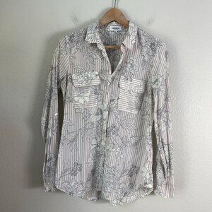 Express City Shirt Womens Small Floral Stripe Button Up Blouse Roll Tab Sleeve